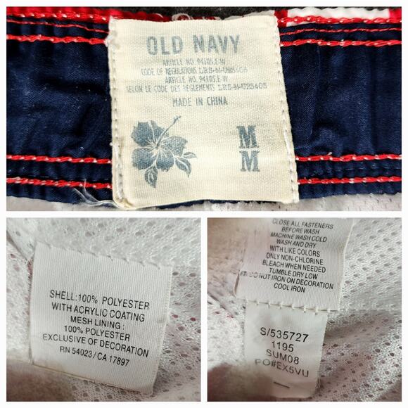 Old Navy Hawaiian Swim Trunks M Mens Shorts Red White Cargo Pockets Hibiscus 10" - Picture 5 of 12